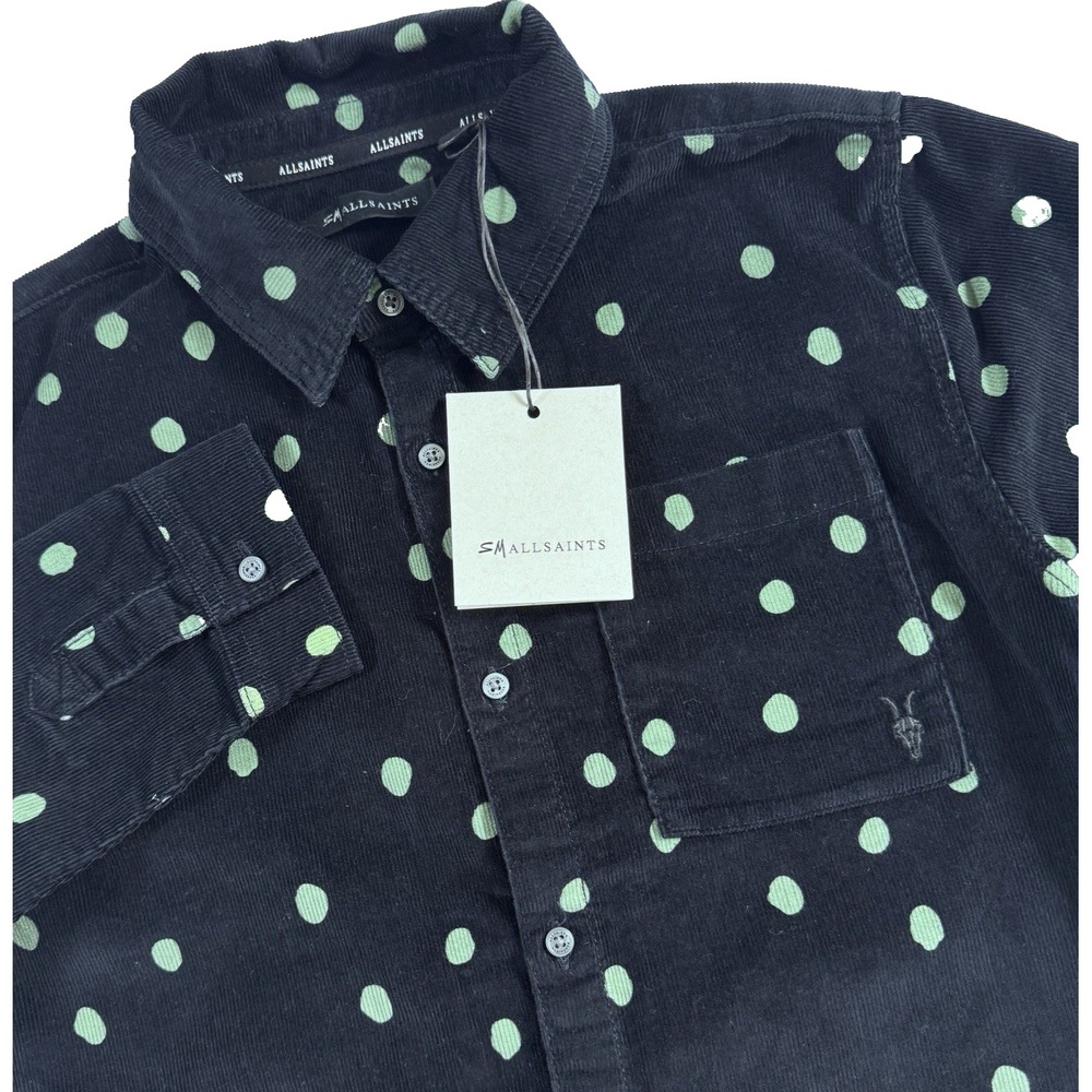 AllSaints Smallsaints Polka Dot Shirt Kids Size 10 Black Green Corduroy LS Top